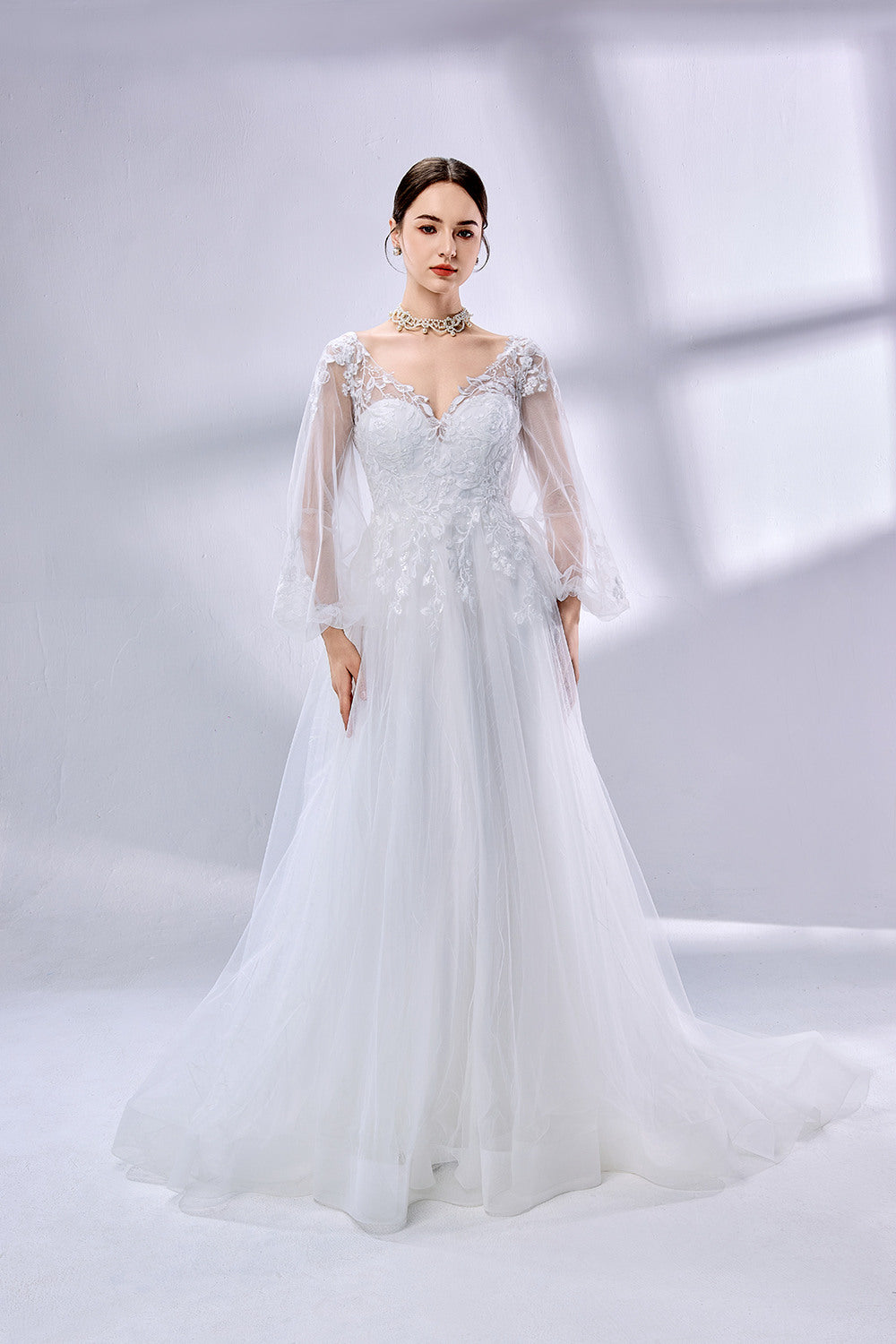 Wholesale V - Neck Sheer Bell - Sleeve Lace Tulle Wedding Dress TG012B
