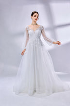 Wholesale V - Neck Sheer Bell - Sleeve Lace Tulle Wedding Dress TG012B