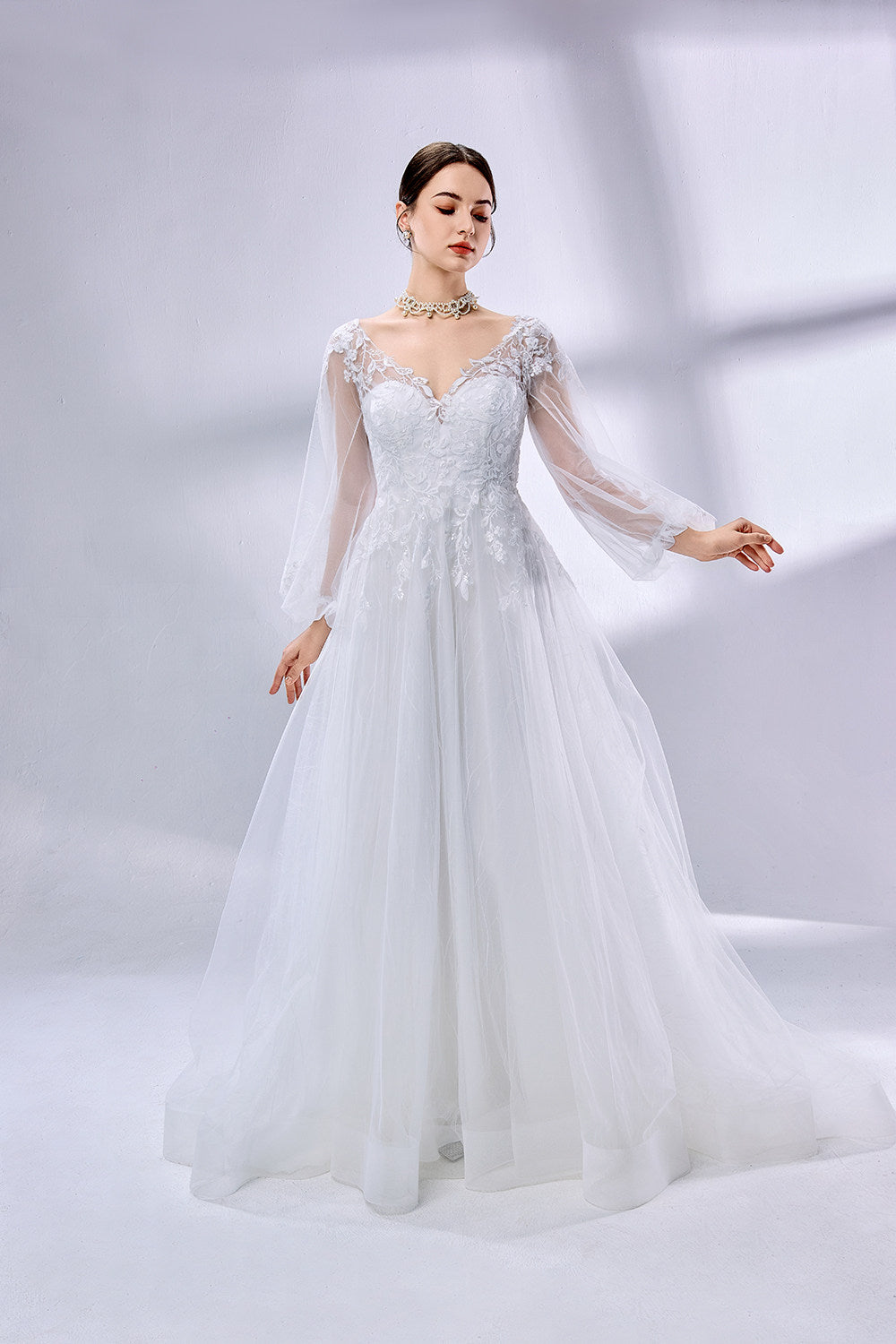 Wholesale V - Neck Sheer Bell - Sleeve Lace Tulle Wedding Dress TG012B