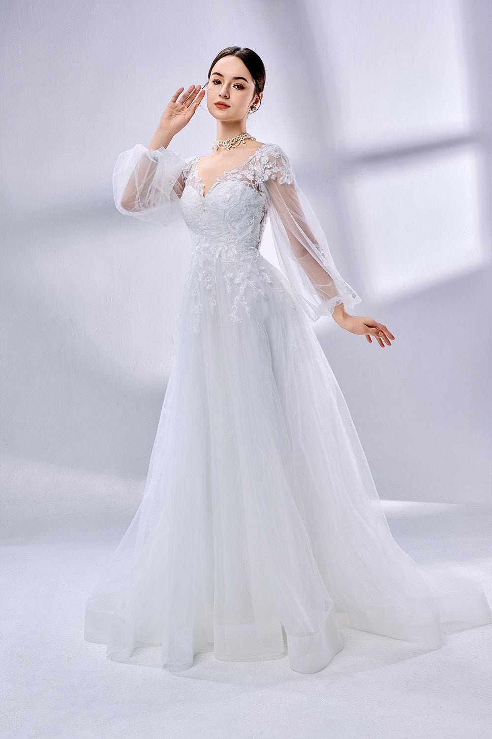 Wholesale V - Neck Sheer Bell - Sleeve Lace Tulle Wedding Dress TG012B