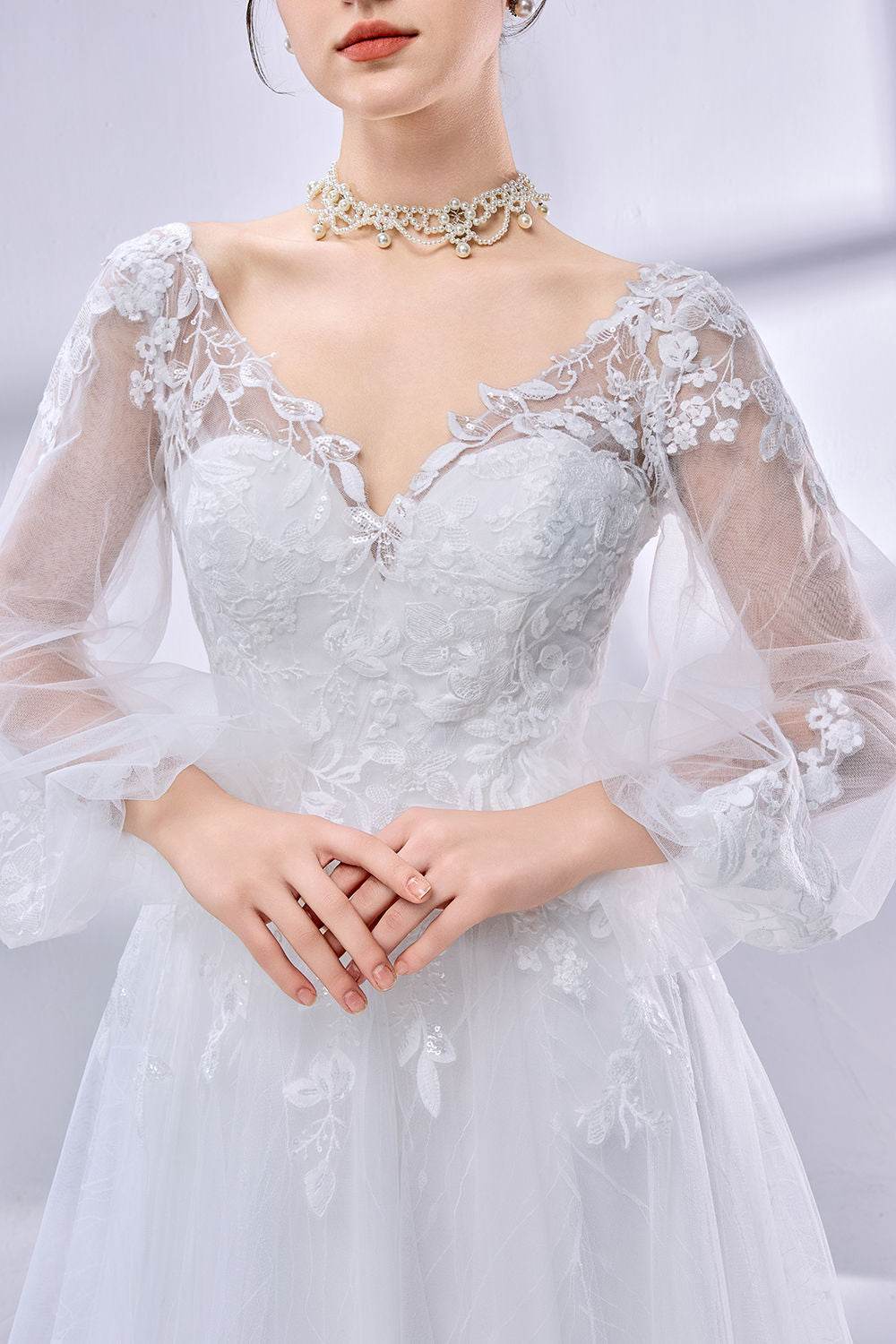 Wholesale V - Neck Sheer Bell - Sleeve Lace Tulle Wedding Dress TG012B