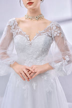 Wholesale V - Neck Sheer Bell - Sleeve Lace Tulle Wedding Dress TG012B