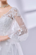 Wholesale V - Neck Sheer Bell - Sleeve Lace Tulle Wedding Dress TG012B