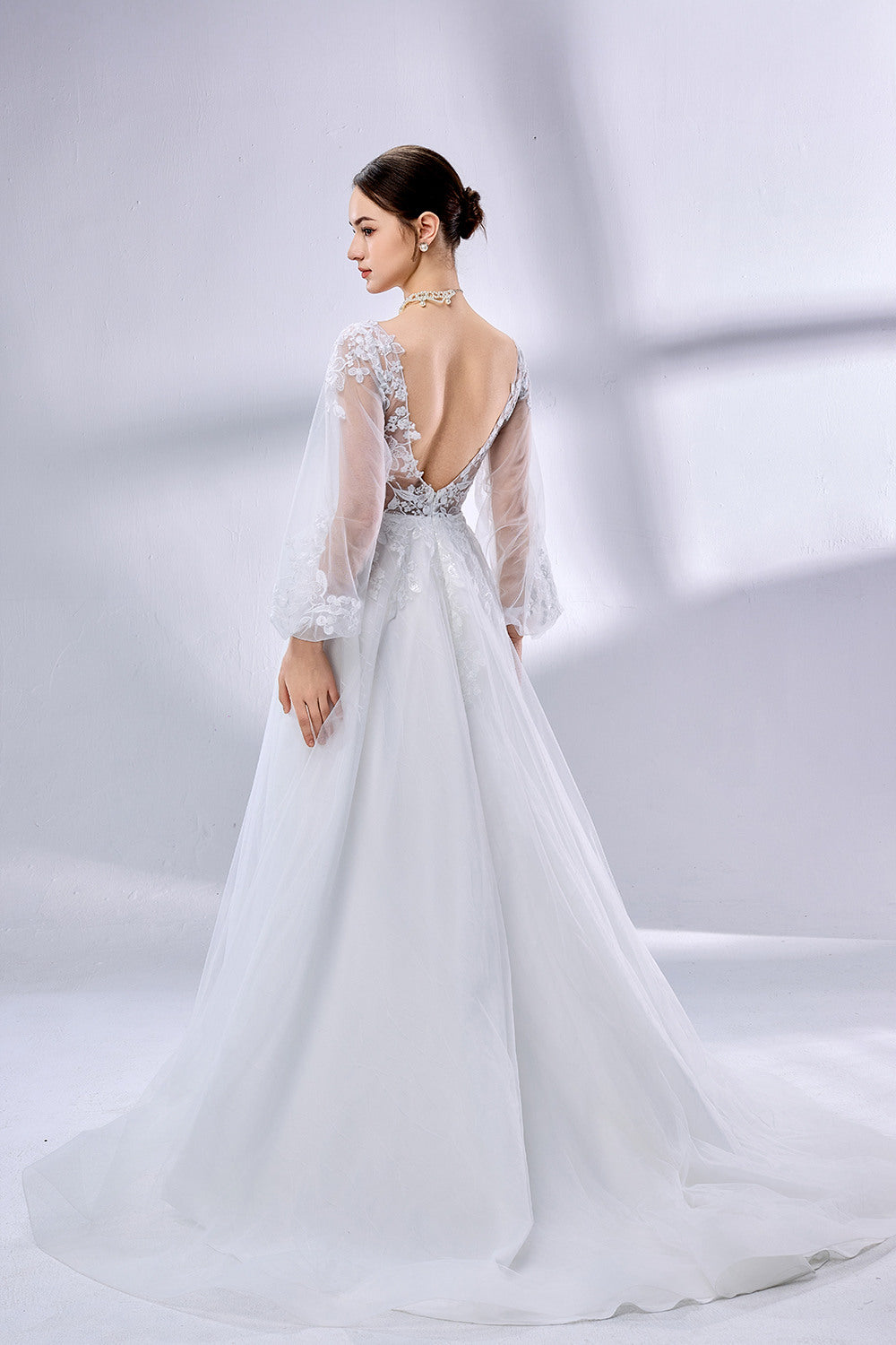 Wholesale V - Neck Sheer Bell - Sleeve Lace Tulle Wedding Dress TG012B