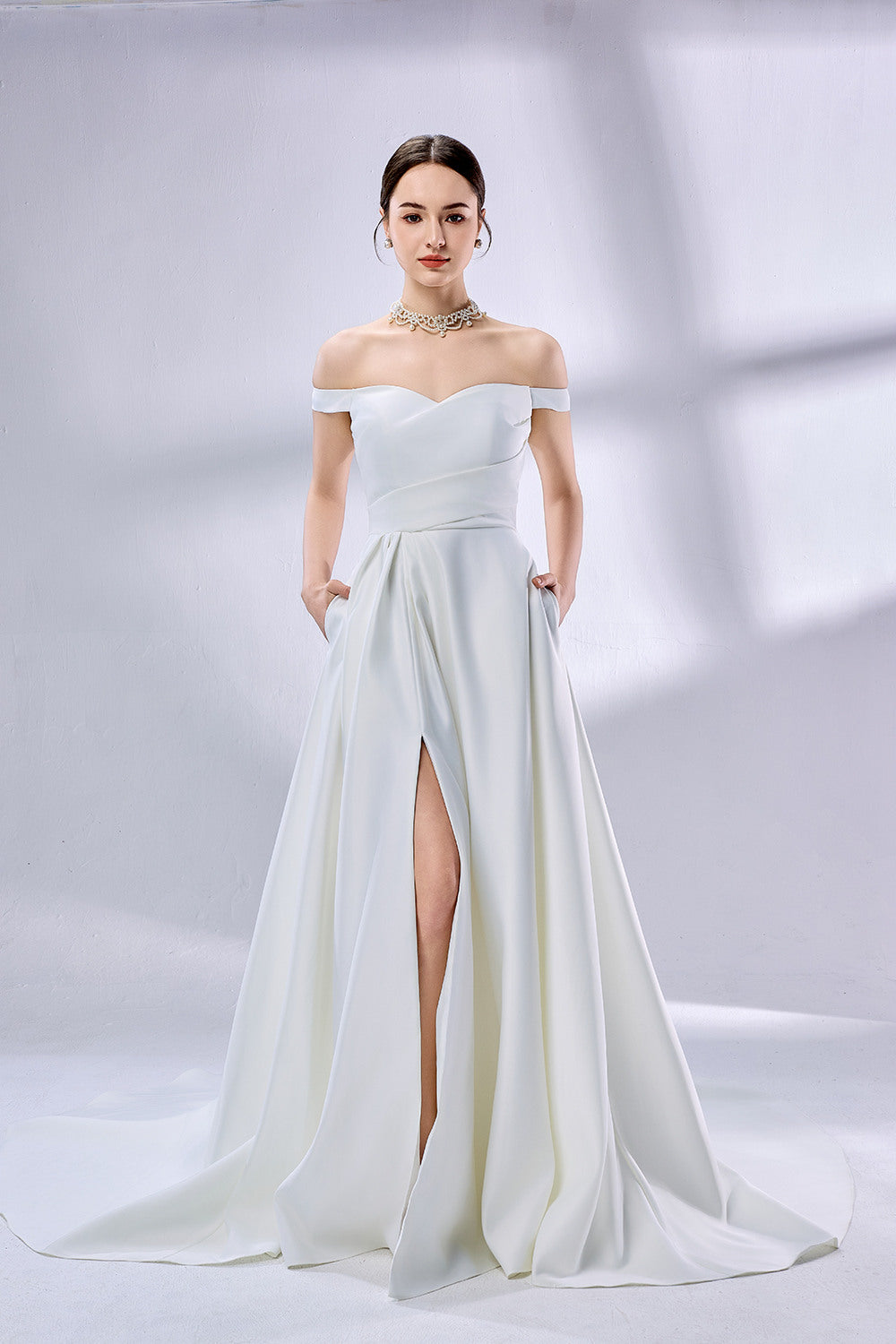 Supplier Off-Shoulder Satin Slit Wedding Dress 3335