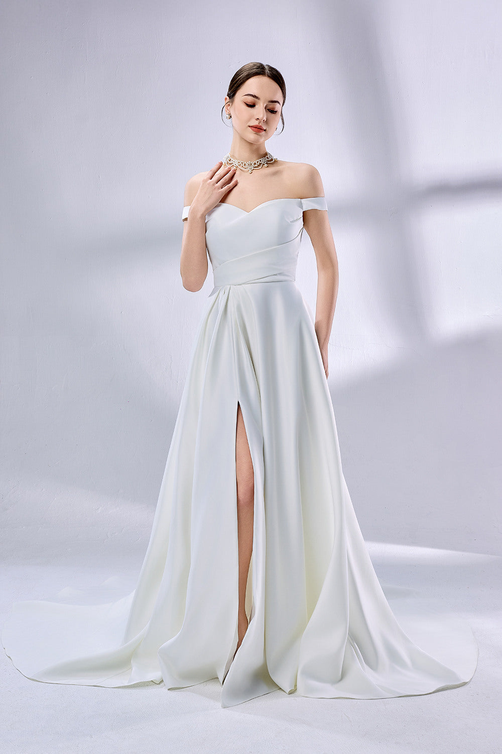 Supplier Off-Shoulder Satin Slit Wedding Dress 3335