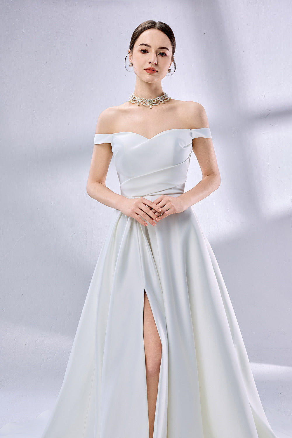 Supplier Off-Shoulder Satin Slit Wedding Dress 3335