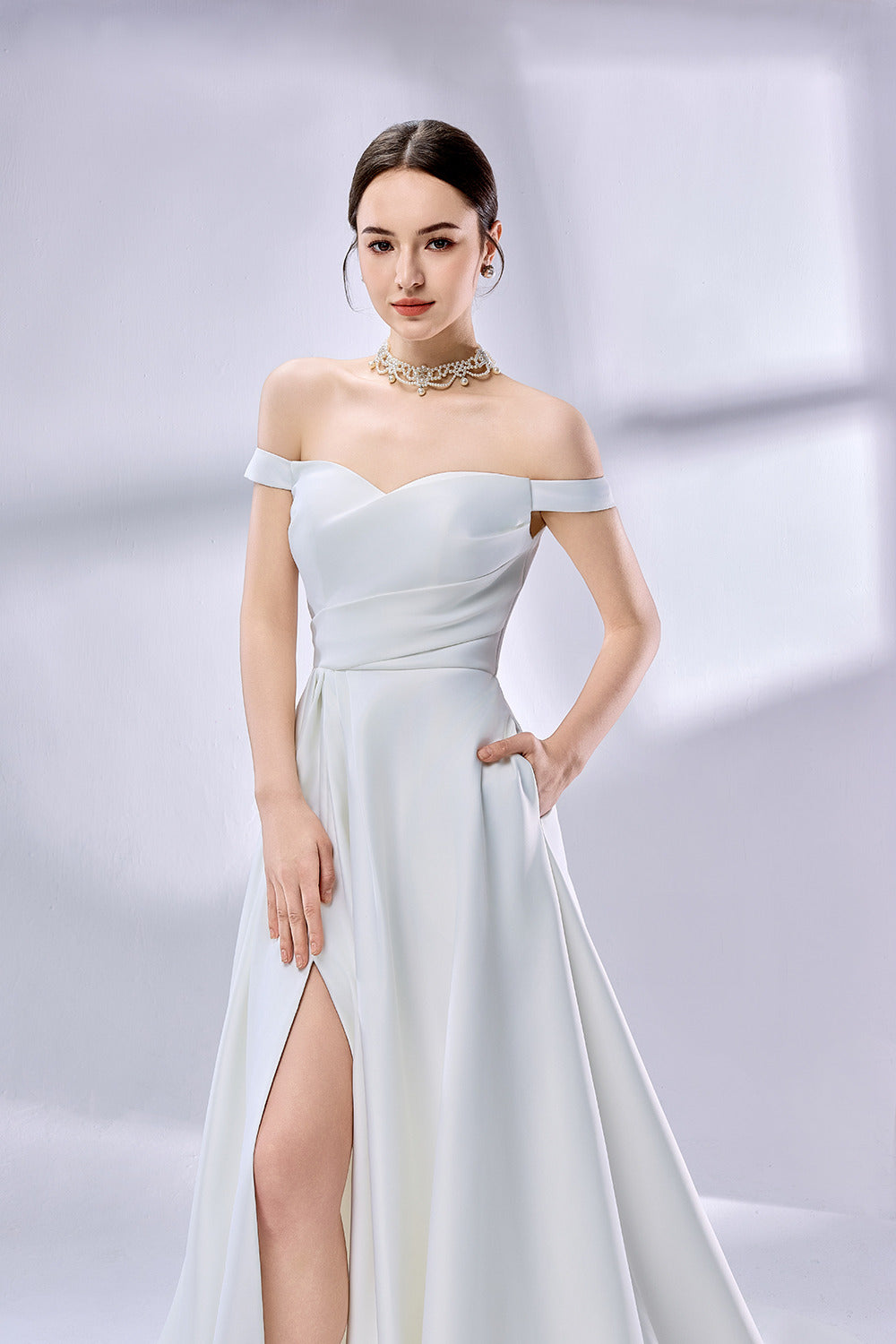 Supplier Off-Shoulder Satin Slit Wedding Dress 3335