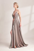 Bronze shimmering prom dress with pleated bodice, V-neck, high slit, and flowy A-line skirt. Glossy fabric adds glamour, ideal for bulk orders and formal events.05
