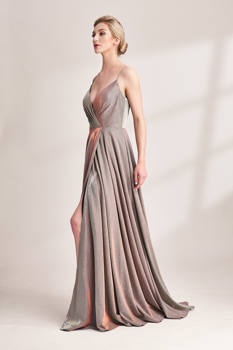 Bronze shimmering prom dress with pleated bodice, V-neck, high slit, and flowy A-line skirt. Glossy fabric adds glamour, ideal for bulk orders and formal events.05
