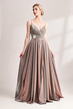 Bronze shimmering prom dress with pleated bodice, V-neck, high slit, and flowy A-line skirt. Glossy fabric adds glamour, ideal for bulk orders and formal events.04