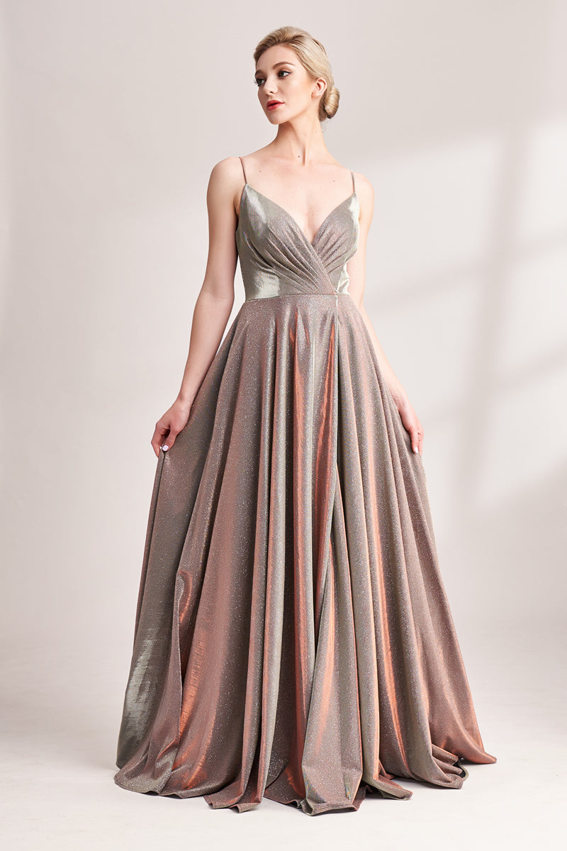 Bronze shimmering prom dress with pleated bodice, V-neck, high slit, and flowy A-line skirt. Glossy fabric adds glamour, ideal for bulk orders and formal events.04