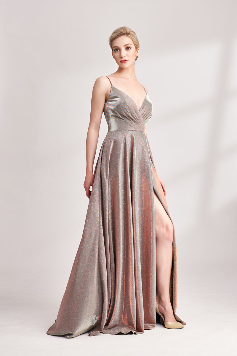 Bronze shimmering prom dress with pleated bodice, V-neck, high slit, and flowy A-line skirt. Glossy fabric adds glamour, ideal for bulk orders and formal events.03