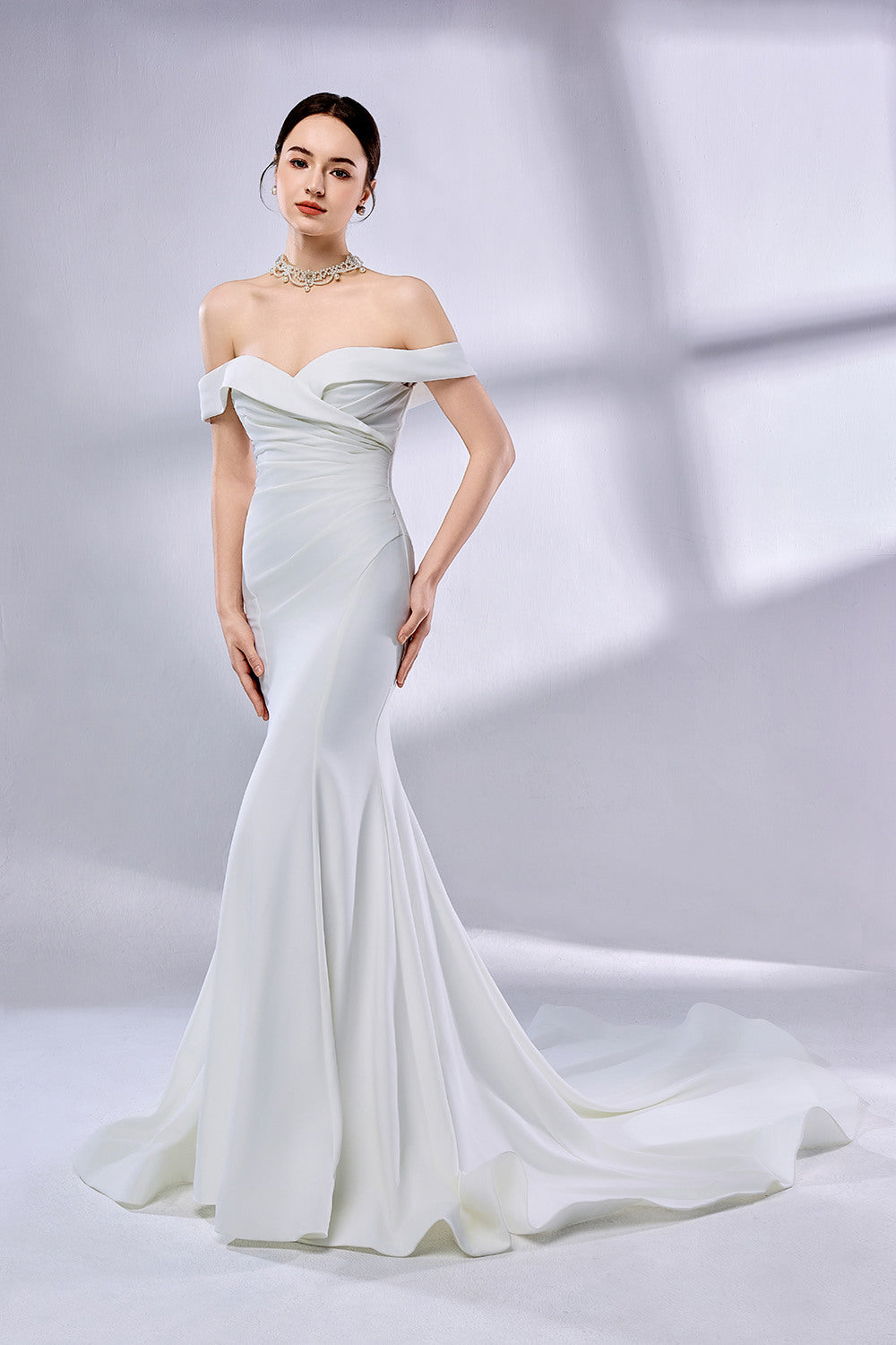 Manufacturer Off - Shoulder Mermaid Satin Wedding Dress 3337