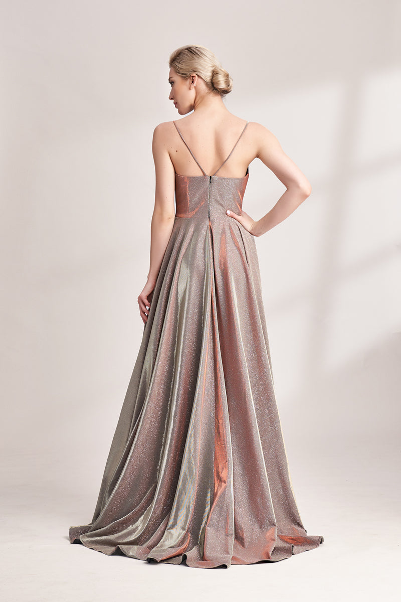 Bronze shimmering prom dress with pleated bodice, V-neck, high slit, and flowy A-line skirt. Glossy fabric adds glamour, ideal for bulk orders and formal events.02