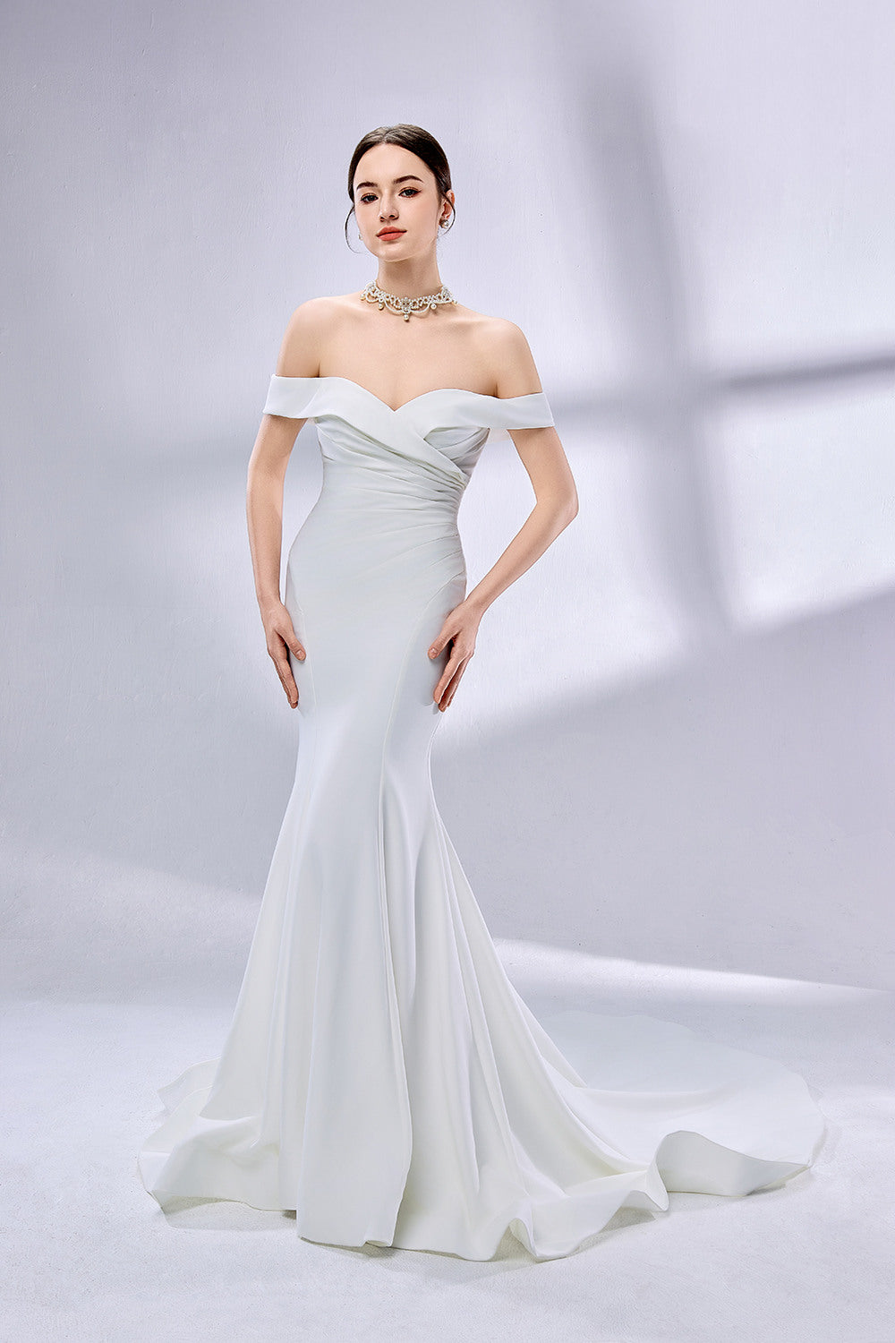 Manufacturer Off - Shoulder Mermaid Satin Wedding Dress 3337