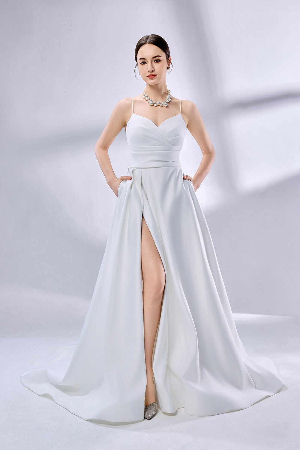 Wholesale Slit Satin Bridal Gown With Pockets 3324