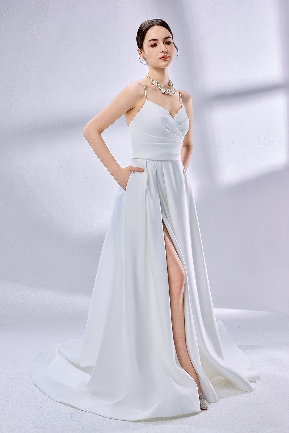 Wholesale Slit Satin Bridal Gown With Pockets 3324