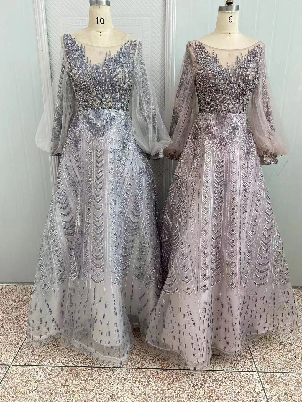Wholesale Beaded Mesh Evening Gown, Long Sleeve Dress ks007