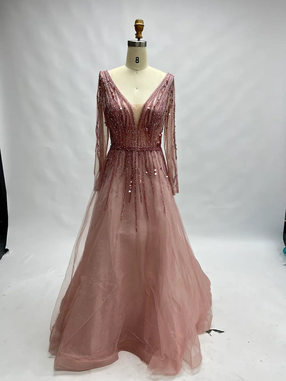Draped V-Neck A-Line Mother of the Bride Dress with Long Sleeves MC086