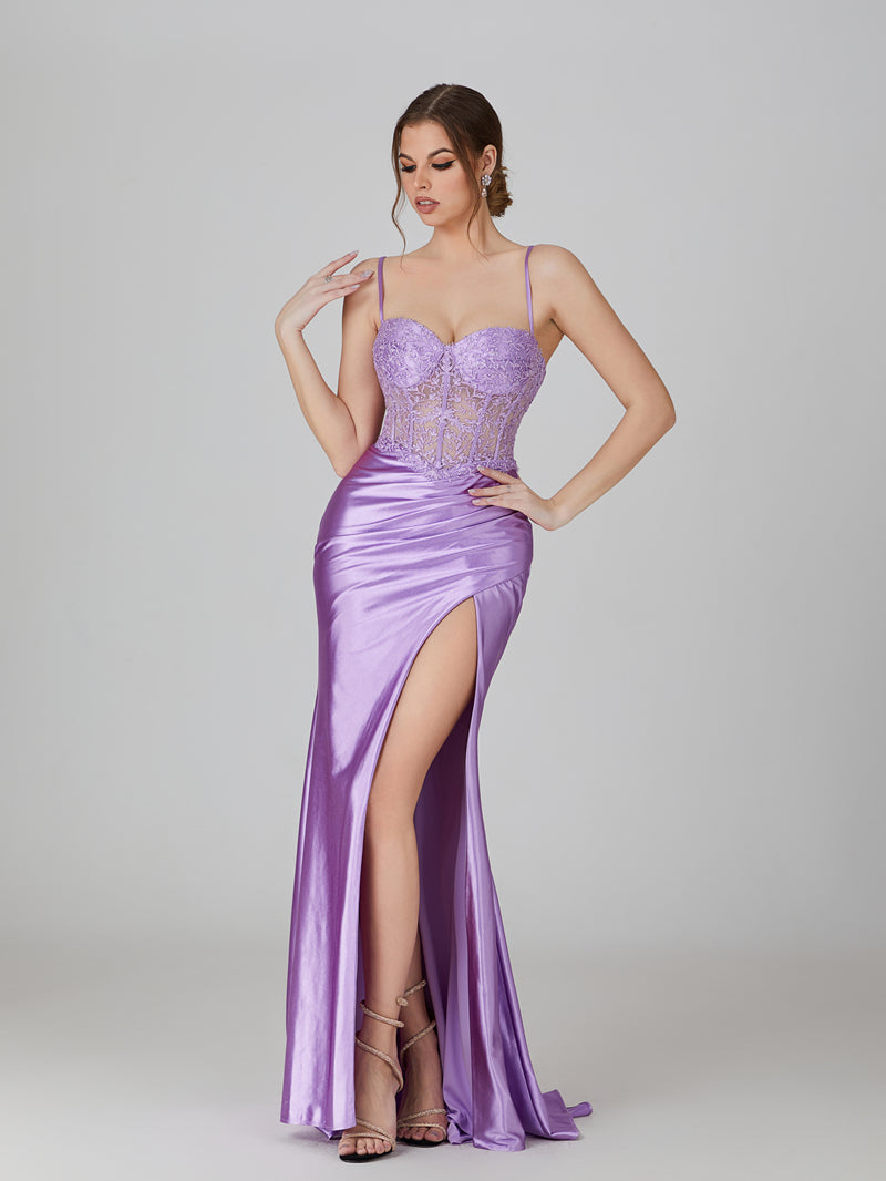 Wholesale Applique - Bodice Satin Prom Gown With High Slit 32738