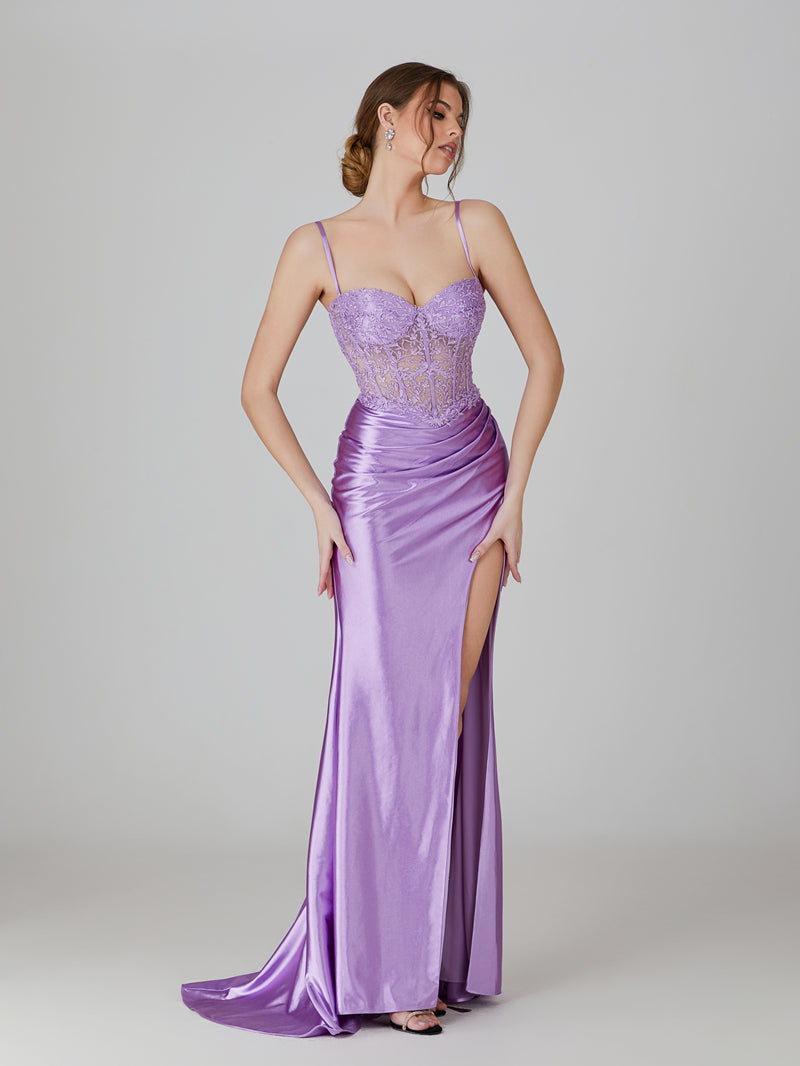 Wholesale Applique - Bodice Satin Prom Gown With High Slit 32738