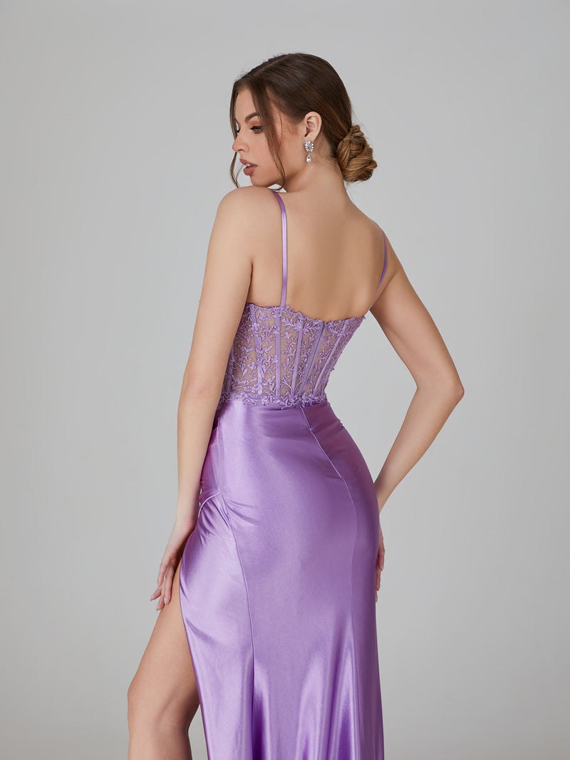 Wholesale Applique - Bodice Satin Prom Gown With High Slit 32738