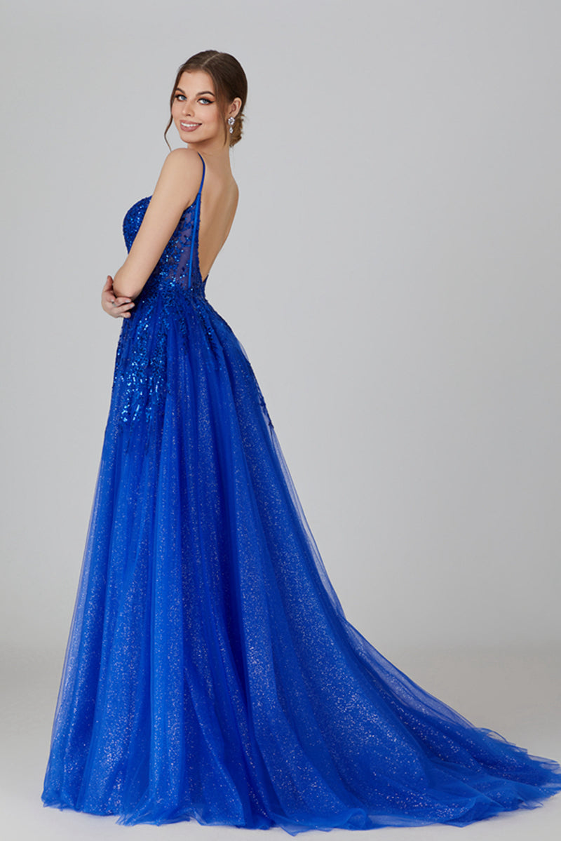 Wholesale Sequin Sheer Chiffon Prom dress with Deep V - back and Slit 32755