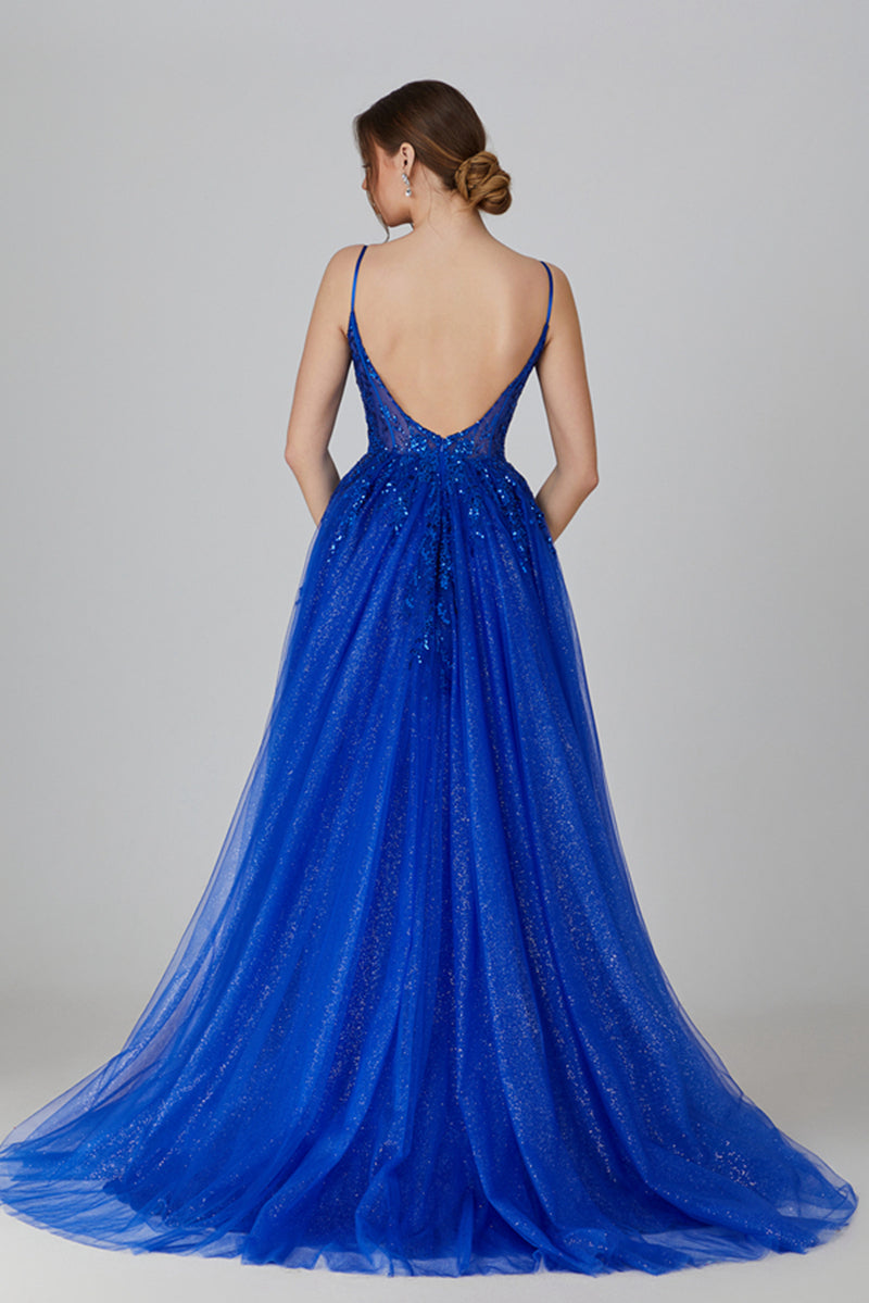 Wholesale Sequin Sheer Chiffon Prom dress with Deep V - back and Slit 32755