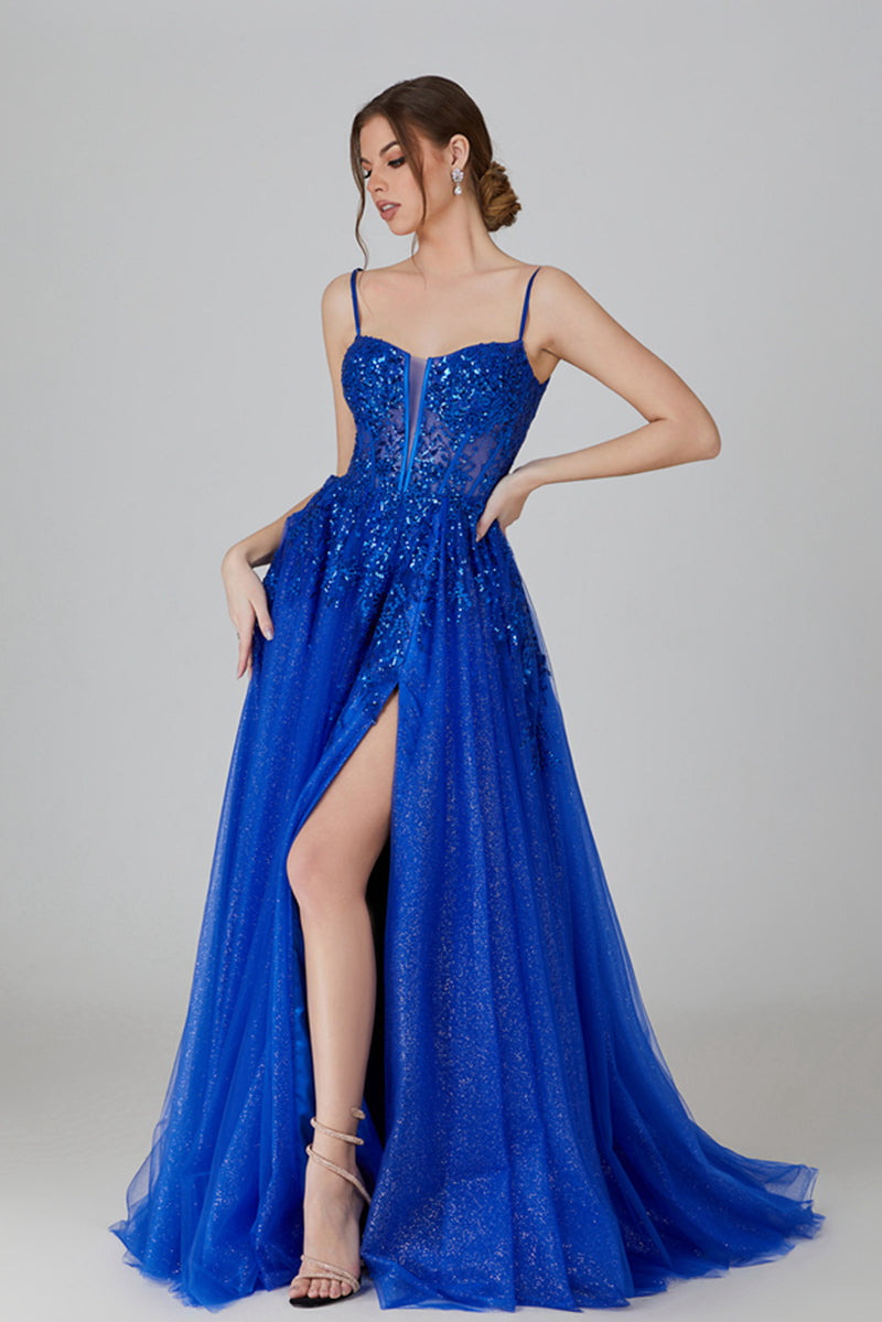 Wholesale Sequin Sheer Chiffon Prom dress with Deep V - back and Slit 32755
