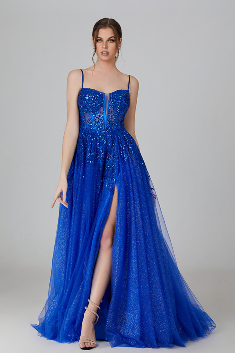 Wholesale Sequin Sheer Chiffon Prom dress with Deep V - back and Slit 32755