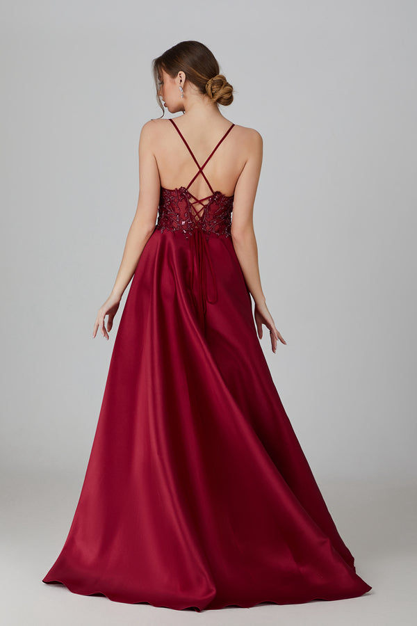 Wholesale Sequin Applique Satin Prom Gown With Tie - Up Back 32718