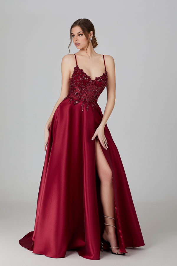 Wholesale Sequin Applique Satin Prom Gown With Tie - Up Back 32718