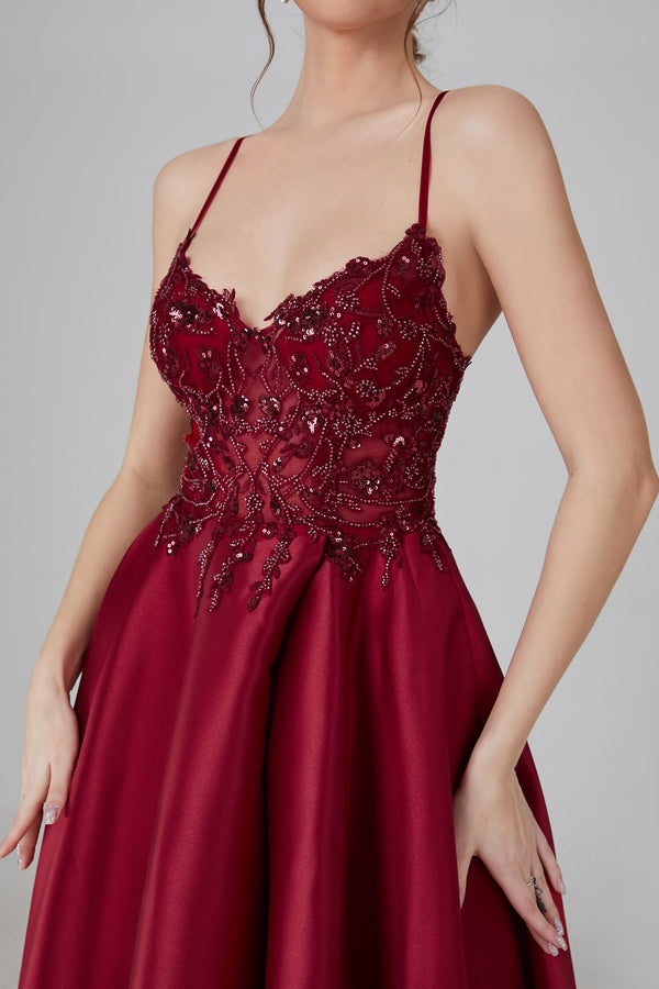 Wholesale Sequin Applique Satin Prom Gown With Tie - Up Back 32718