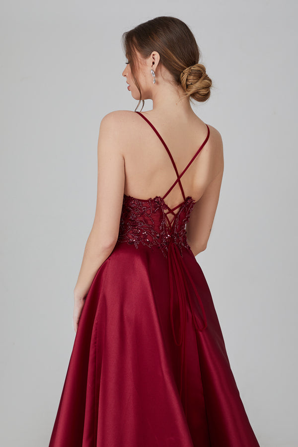 Wholesale Sequin Applique Satin Prom Gown With Tie - Up Back 32718