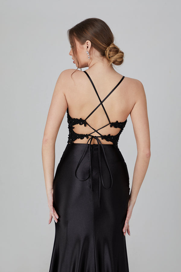 Wholesale Corset - Lined Applique Prom Gown With Slit And Crisscross Back 32728
