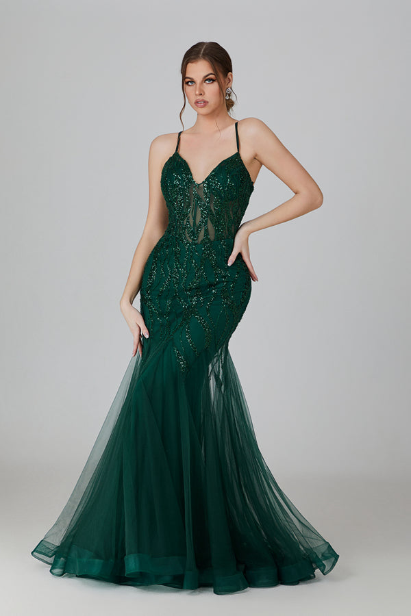 Wholesale Sequin Embroidered Tulle Prom Gown With Crisscross Back