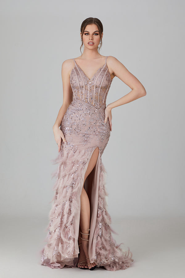 Wholesale Sequin Embroidered Feather Prom Gown