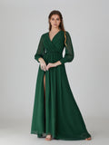 Wholesale Dark Green Long Sleeve Chiffon Slit Bridesmaid Dress TBQP598