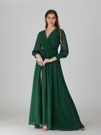 Wholesale Dark Green Long Sleeve Chiffon Slit Bridesmaid Dress TBQP598
