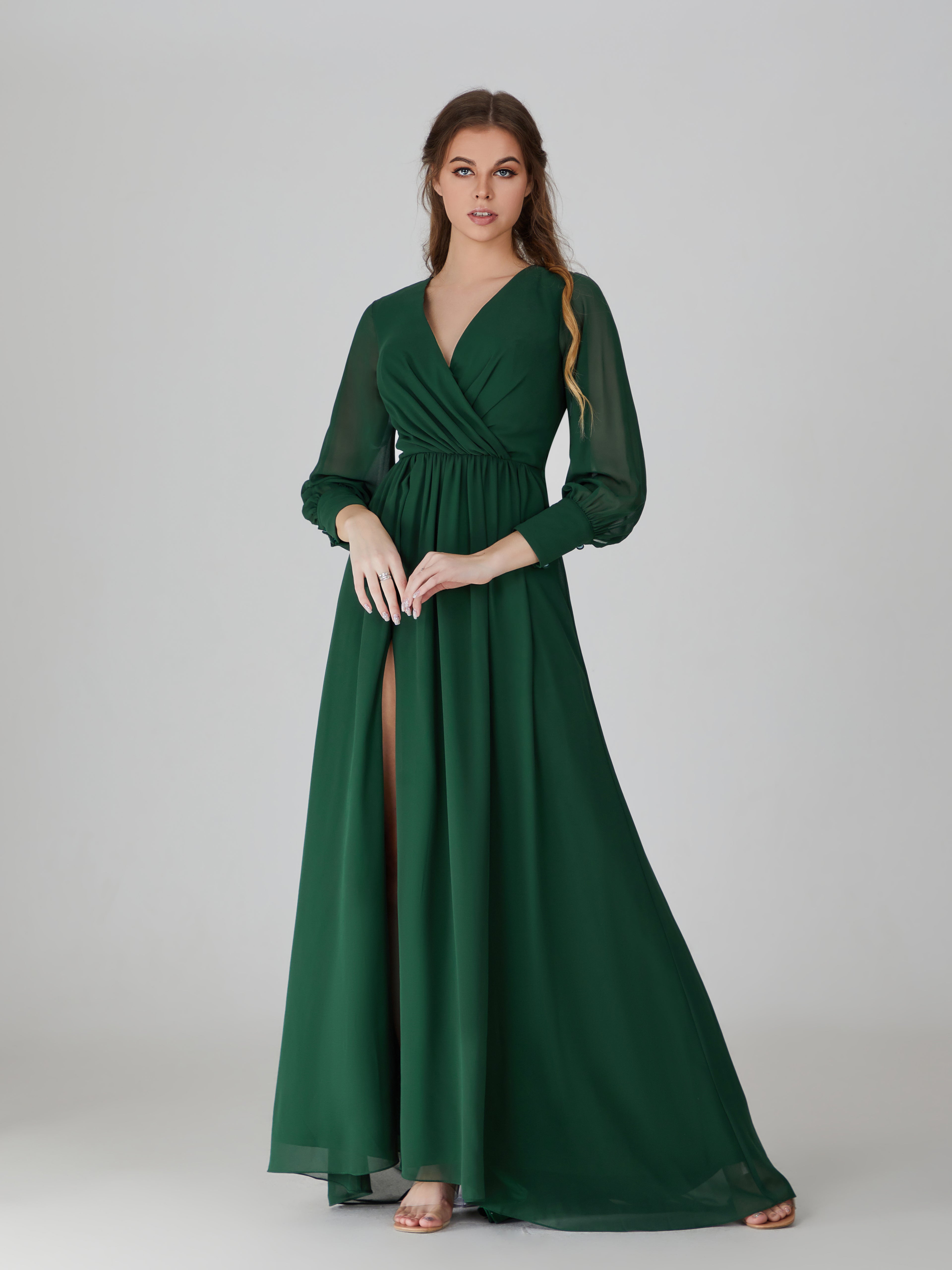 Wholesale Dark Green Long Sleeve Chiffon Slit Bridesmaid Dress TBQP598