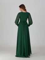 Wholesale Dark Green Long Sleeve Chiffon Slit Bridesmaid Dress TBQP598
