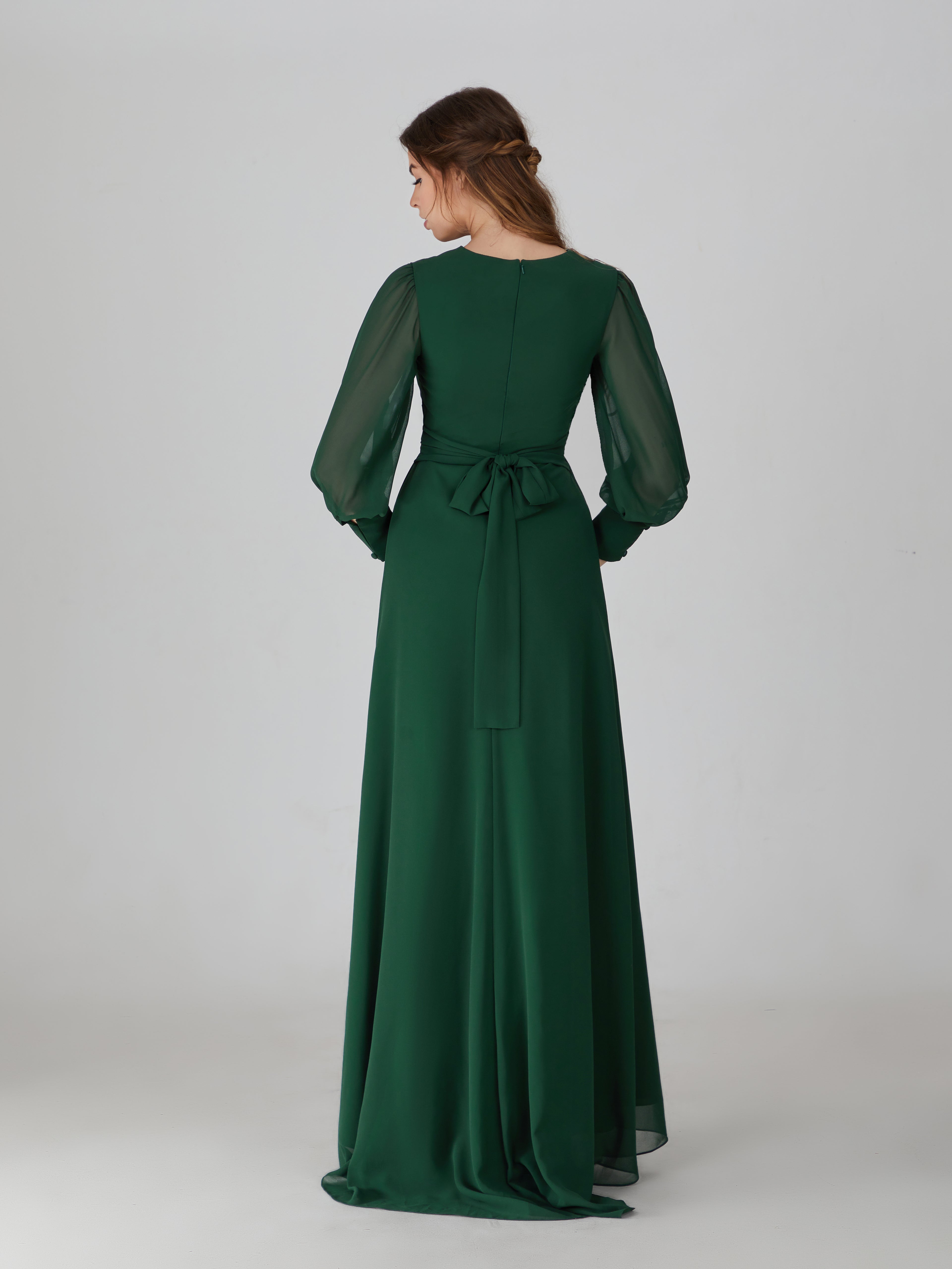 Wholesale Dark Green Long Sleeve Chiffon Slit Bridesmaid Dress TBQP598