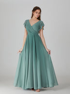 Wholesale Sage Ruffle Short Sleeve Chiffon Bridesmaid Dress TBQP599