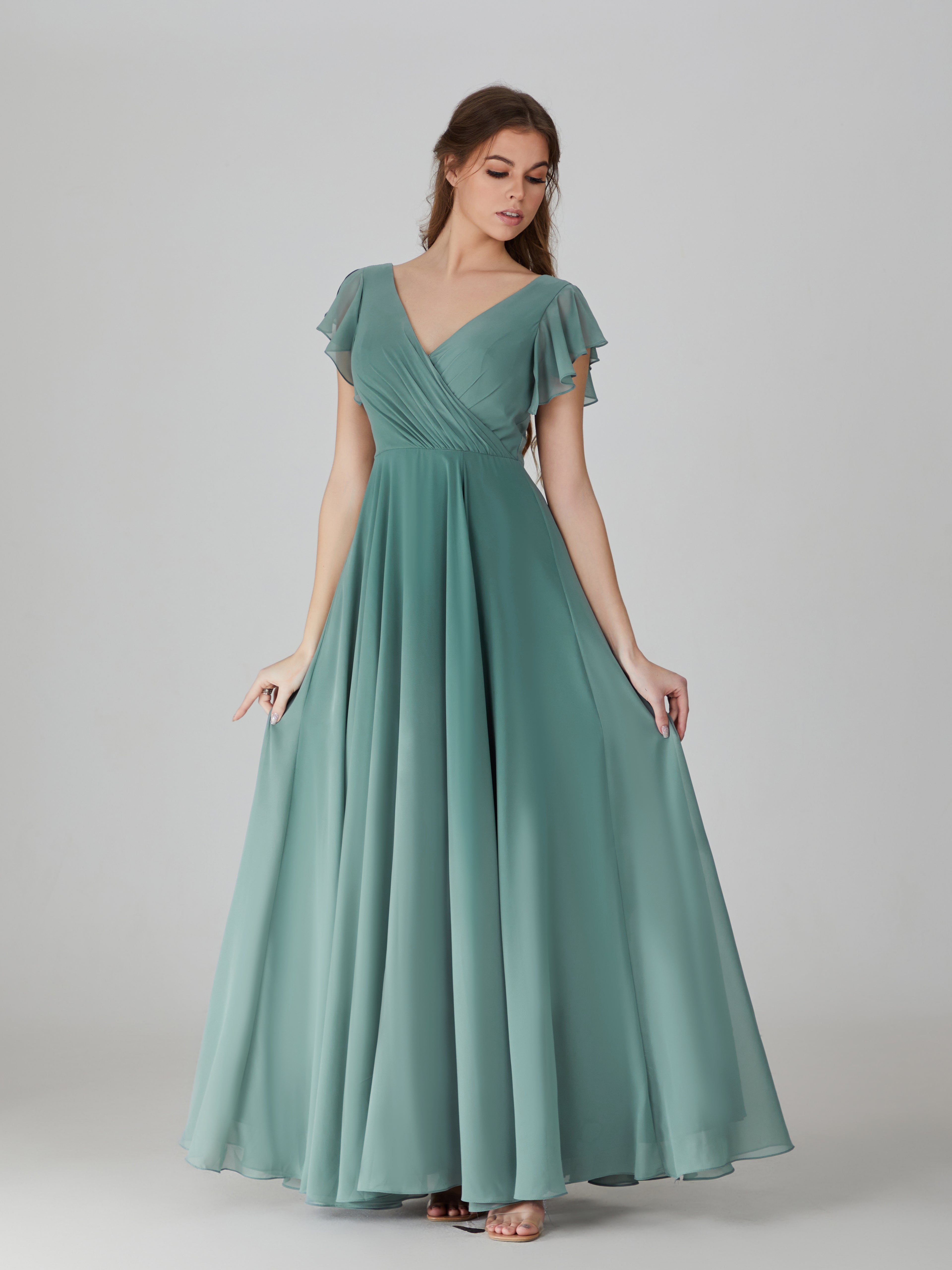 Wholesale Sage Ruffle Short Sleeve Chiffon Bridesmaid Dress TBQP599