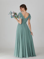Wholesale Sage Ruffle Short Sleeve Chiffon Bridesmaid Dress TBQP599