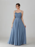 Wholesale Dusty Blue Strap Pleated Chiffon Bridesmaid Dress TBQP600