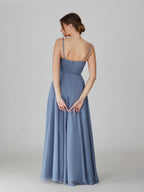 Wholesale Dusty Blue Strap Pleated Chiffon Bridesmaid Dress TBQP600