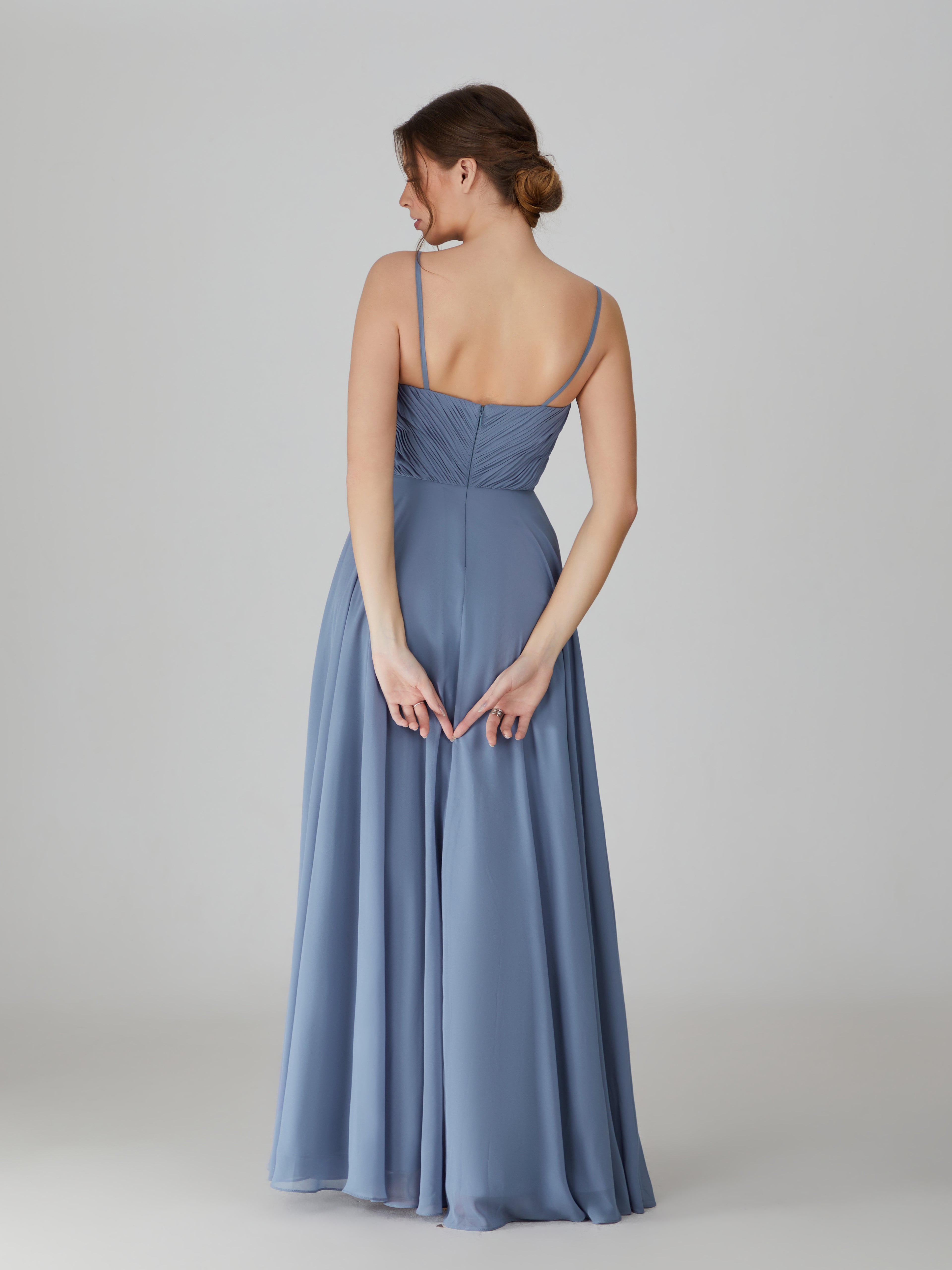 Wholesale Dusty Blue Strap Pleated Chiffon Bridesmaid Dress TBQP600