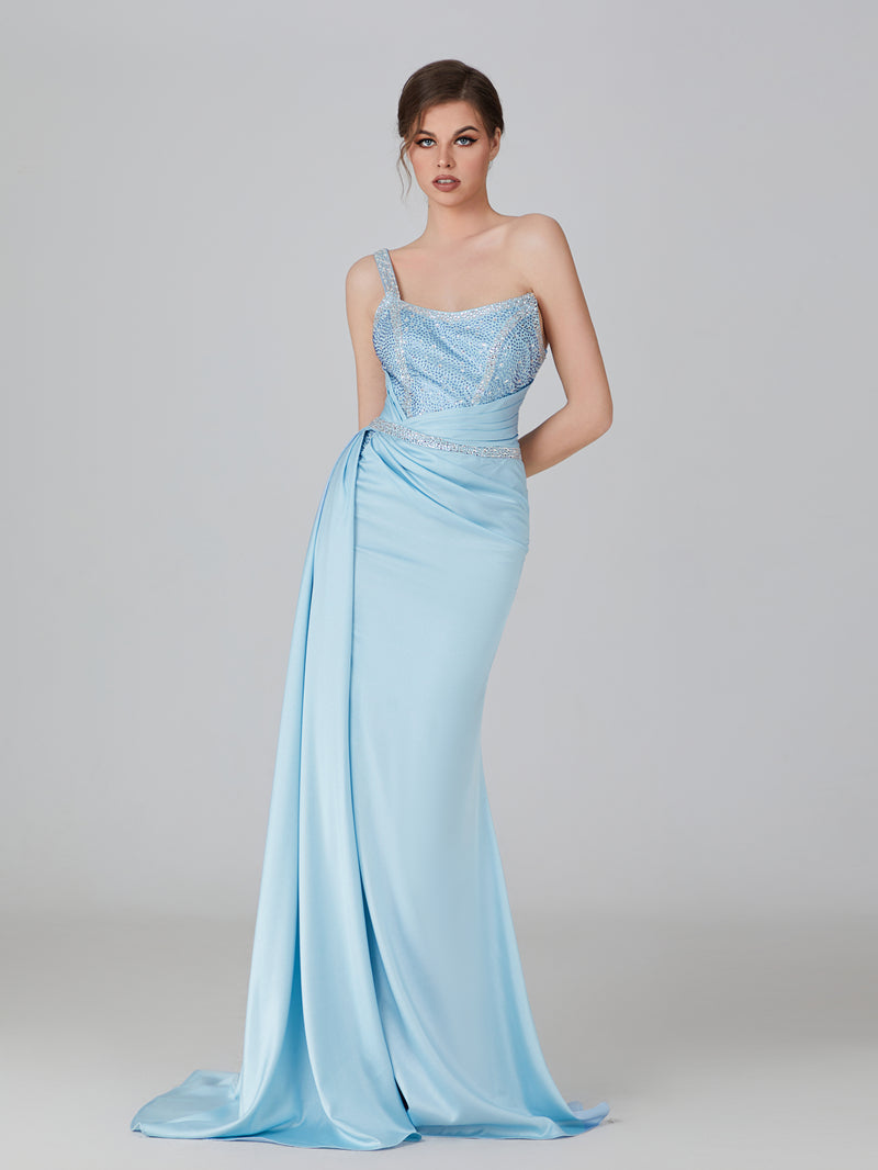 Wholesale Hot Fix Rhinestone Satin Prom Gown with Slit 32735